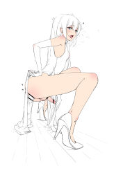 Rule 34 | 1boy, absurdres, anal, anal object insertion, ass, bar censor, censored, cum, dildo, high heels, highres, long hair, object insertion, penis, scp-166 (artist), sex toy, shoe soles, trap, white hair