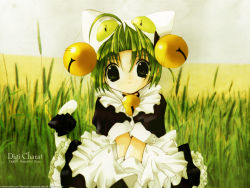 Rule 34 | 1girl, ahoge, apron, bell, between legs, blush, cat tail, character name, copyright name, day, dejiko, di gi charat, grass, green eyes, green hair, hand between legs, highres, jingle bell, koge donbo, looking at viewer, matching hair/eyes, outdoors, own hands together, plant, smile, solo, tail, v arms
