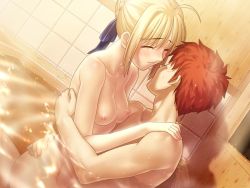 Rule 34 | 1boy, 1girl, ahoge, artoria pendragon (all), artoria pendragon (fate), bath, blonde hair, blush, breasts, closed eyes, couple, emiya shirou, fate/hollow ataraxia, fate/stay night, fate (series), game cg, girl on top, hetero, mixed-sex bathing, nipples, nude, partially submerged, ribbon, saber (fate), sex, shared bathing, small breasts, straddling, takeuchi takashi, type-moon, upright straddle, water