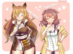 Rule 34 | 2girls, abineko, animal ears, animal hands, arknights, bone hair ornament, braid, brown dress, brown hair, ceobe (arknights), closed eyes, commentary, crossover, dog ears, dog girl, dress, english commentary, hair ornament, hand on own hip, highres, hololive, inugami korone, inugami korone (1st costume), jacket, long hair, multiple girls, open clothes, open jacket, twin braids, twitter username, virtual youtuber, white dress, yellow jacket