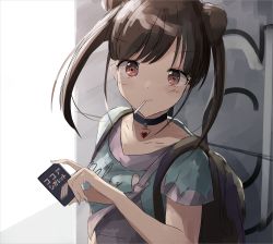 Rule 34 | 1girl, backpack, bag, black choker, blue nails, blue shirt, blush, brown hair, choker, cigarette, cigarette pack, closed mouth, clothes writing, collarbone, commentary request, doran (dorannomai), double bun, fingernails, food, heart, heart choker, highres, holding, idolmaster, idolmaster shiny colors, long hair, looking at viewer, mouth hold, nail polish, overalls, red eyes, shirt, short sleeves, side bun, smile, solo, sonoda chiyoko, standing, twintails