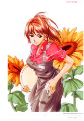 Rule 34 | absurdres, apron, blouse, carrying, carrying under arm, collared shirt, cowboy shot, flower, grey apron, highres, horibe hiderou, non-web source, pocket, red eyes, red hair, red shirt, scan, shirt, sleeves rolled up, solo, standing, sunflower, tray, waitress, white background