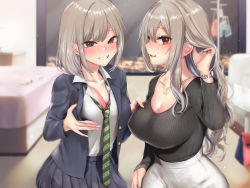 Rule 34 | 2girls, black sweater, blue jacket, blue skirt, blush, grabbing another&#039;s breast, breasts, brown eyes, cleavage, commentary request, dress shirt, grabbing, grin, highres, jacket, large breasts, long hair, long sleeves, looking at viewer, multiple girls, necktie, open clothes, open jacket, original, parted lips, pleated skirt, ribbed sweater, sakiryo kanna, shirt, short hair, silver hair, skirt, smile, sweater, swept bangs