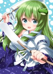 Rule 34 | 1girl, arms up, bare shoulders, blue background, blue eyes, blush, bobbles, breasts, collared shirt, commentary request, detached sleeves, eyes visible through hair, frog hair ornament, gohei, green hair, hair between eyes, hair ornament, hands up, highres, kochiya sanae, long hair, long sleeves, looking to the side, medium breasts, one-hour drawing challenge, open mouth, purple skirt, ribbon, ruu (tksymkw), shirt, skirt, smile, snake hair ornament, solo, standing, tongue, touhou, white ribbon, white shirt, wide sleeves