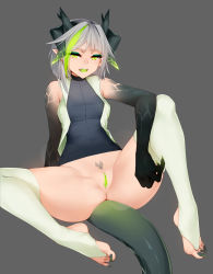Rule 34 | 1girl, bare arms, bare shoulders, bottomless, claws, commentary, dragon girl, green eyes, green hair, green pussy, grey background, grey hair, highres, horns, looking at viewer, multicolored hair, multiple horns, nail polish, original, pointy ears, ricegnat, scathe (ricegnat), sharp teeth, short hair, simple background, solo, spread legs, stirrup legwear, streaked hair, tail, teeth, thighhighs, thighs, toeless legwear, two-tone hair, white thighhighs