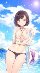 Rule 34 | 00s, 1girl, artist name, bad id, bad pixiv id, bikini, black bikini, black hair, blue sky, bob cut, bracelet, breasts, brown eyes, closed mouth, cloud, cloudy sky, covered erect nipples, cowboy shot, cross, cross necklace, day, dungeon and fighter, expressionless, female priest (dungeon and fighter), front-tie bikini top, front-tie top, goyain, hand up, hat, highres, hip focus, holding, holding clothes, holding hat, jewelry, large breasts, looking at viewer, necklace, ocean, outdoors, short hair, signature, sky, solo, sparkle, sun hat, swept bangs, swimsuit, thighs, unworn hat, unworn headwear, white hat