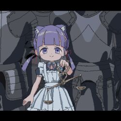 Rule 34 | 1girl, animal ears, apron, armor, balance scale, blunt bangs, cat ears, commentary request, detached collar, eyebrows hidden by hair, hair ribbon, holding, letterboxed, lokulo-chan (lokulo no mawashimono), lokulo no mawashimono, lowres, maid, maid apron, original, purple eyes, purple hair, purple nails, ribbon, smile, solo, twintails, weighing scale