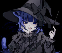 Rule 34 | 1girl, 402 (o0 xxx), absurdres, animal ear fluff, animal ears, black background, black dress, black hat, blue eyes, blue hair, blunt bangs, bow, cat ears, cat tail, commentary, dot nose, dress, fangs, frilled dress, frilled sleeves, frills, gothic lolita, hand on own cheek, hand on own face, hands up, hat, hat bow, head rest, highres, holding, holding wand, lolita fashion, long hair, long sleeves, looking at viewer, open mouth, original, pale skin, ringed eyes, simple background, smile, solo, straight-on, tail, teeth, wand, witch, witch hat