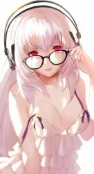 Rule 34 | 1girl, adjusting eyewear, bare shoulders, bespectacled, breasts, camisole, cleavage, collarbone, dark jeanne, fingernails, glasses, granblue fantasy, headphones, lips, long fingernails, long hair, looking at viewer, nail polish, nido celisius, red eyes, red nails, simple background, solo, unusual pupils, white background, white hair