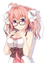 Rule 34 | 1girl, blush, breasts, cleavage, glasses, hair ribbon, looking at viewer, medium breasts, original, pink hair, purple eyes, red-framed eyewear, ribbon, shadow, short hair, simple background, solo, terras, twintails, white background