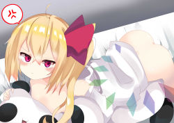 Rule 34 | 1girl, absurdres, ahoge, annoyed, bare shoulders, blonde hair, blush, bottomless, bow, breasts, closed mouth, flandre scarlet, hair between eyes, highres, looking at viewer, no bra, open clothes, open shirt, red eyes, shirt, side ponytail, small breasts, solo, stuffed animal, stuffed panda, stuffed toy, te toga, tears, touhou, white shirt