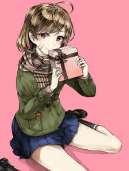 Rule 34 | 1girl, ahoge, bandaid, bandaid on face, black footwear, blue skirt, blush, box, brown eyes, brown scarf, closed mouth, gift, gift box, green jacket, holding, holding gift, jacket, kantai collection, kurou (bcrow), light brown hair, loafers, long sleeves, oboro (kancolle), pink background, pleated skirt, scarf, shoes, short hair, simple background, sitting, skirt, smile, solo, valentine, wariza