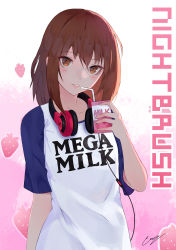 Rule 34 | 1girl, absurdres, arm at side, bad id, bad pixiv id, blush, brown eyes, brown hair, clothes writing, collarbone, commentary, commission, drinking straw, english commentary, english text, erospanda, food, fruit, fruit background, hair between eyes, head tilt, headphones, headphones around neck, highres, holding, long hair, looking at viewer, mega milk, meme, meme attire, milk, milk carton, nightbrush, parted lips, pink background, real life, shirt, short sleeves, sidelocks, signature, smile, solo, strawberry, t-shirt, white background, white shirt