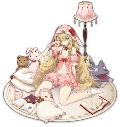 Rule 34 | 1girl, artist request, blonde hair, bloomers, book, bow, bow bloomers, cup, detached sleeves, eliisa (mahjong soul), frills, game cg, green eyes, horns, lamp, long hair, mahjong soul, mug, navel, official art, one eye closed, open book, pillow, red bow, rug, sheep, sheep horns, simple background, sitting, sitting on person, socks, stuffed animal, stuffed rabbit, stuffed toy, teaspoon, teddy bear, third-party source, transparent background, underwear, very long hair, white socks