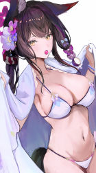 Rule 34 | 1girl, absurdres, animal ears, armpits, bad id, bad twitter id, bead bracelet, beads, bikini, black hair, blue archive, bracelet, breasts, candy, cape, cleavage, collarbone, cowboy shot, dana (hapong07), flower, food, fox ears, fox tail, hair flower, hair ornament, halo, halterneck, hands up, highres, jewelry, large breasts, lollipop, long hair, looking at viewer, mouth hold, navel, solo, stomach, string bikini, swimsuit, tail, wakamo (blue archive), wakamo (swimsuit) (blue archive), white bikini, yellow eyes