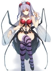 Rule 34 | 1girl, arthropod girl, bad id, bad pixiv id, bandeau, bare arms, bare shoulders, black footwear, black thighhighs, breasts, cleavage, commentary request, crossed legs, crown, detached collar, fur collar, grey hair, hair between eyes, hand up, head tilt, highres, invisible chair, large breasts, long hair, looking at viewer, mini crown, original, purple thighhighs, red eyes, shadow, shoes, sidelocks, simple background, sitting, smile, solo, striped clothes, striped thighhighs, suminagashi, thighhighs, thighs, white background, wrist cuffs