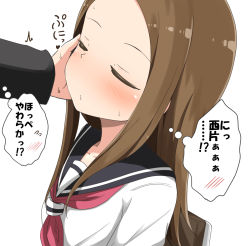 Rule 34 | 1boy, 1girl, aikawa ryou, black sailor collar, blush, brown hair, closed eyes, closed mouth, collarbone, commentary request, forehead, hand on another&#039;s face, karakai jouzu no takagi-san, long hair, long sleeves, neckerchief, out of frame, parted bangs, red neckerchief, sailor collar, school uniform, serafuku, shirt, simple background, sweat, takagi-san, translation request, upper body, white background, white shirt