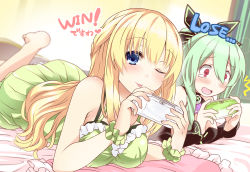 Rule 34 | 10s, 2girls, ;p, bare shoulders, barefoot, bed, blonde hair, blue eyes, blush, bow, braid, breasts, dress, english text, female focus, frills, game console, green hair, hair bow, hakozaki chika, handheld game console, heart, highres, holding, indoors, large breasts, long hair, looking at viewer, lying, multiple girls, neptune (series), nightgown, on stomach, one eye closed, playstation vita, red eyes, room, shinjitsu (true ride), shiny skin, smile, teardrop, text focus, tongue, tongue out, vert (neptunia)