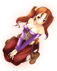Rule 34 | 1girl, breasts, brown hair, cleavage, detached sleeves, dragon quest, dragon quest viii, dress, jessica albert, kneeling, large breasts, ninoko, purple shirt, red eyes, shirt, solo, square enix, strapless, strapless dress, twintails, whip