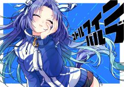 Rule 34 | 1girl, animal ears, artist name, blue background, blue hair, blush, breasts, closed eyes, commentary request, godolphin barb (umamusume), hair ornament, horse ears, horse tail, jacket, large breasts, looking at viewer, open mouth, shorts, simple background, solo, sparkle, tail, track jacket, umamusume, zest (lossol)
