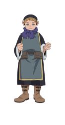 Rule 34 | 1boy, belt, belt pouch, black eyes, black robe, blue scarf, boots, brown belt, brown footwear, brown hair, clenched hand, dungeon meshi, full body, gnome, half-closed eyes, highres, holm kranom, large ears, long sleeves, looking at viewer, official art, pouch, robe, scarf, short hair, simple background, solo, tachi-e, transparent background