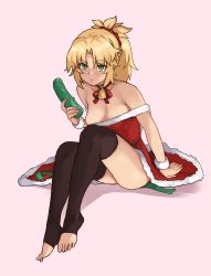 Rule 34 | 1girl, absurdres, bell, black thighhighs, blonde hair, breasts, choker, commentary, dildo, english commentary, fate/apocrypha, fate/grand order, fate (series), full body, green eyes, highres, holding, holding sex toy, mordred (fate), mordred (fate/apocrypha), ponytail, ribbon, santa costume, scrunchie, sex toy, sidelocks, simple background, sitting, small breasts, solo, thighhighs, todding, toes, tomboy