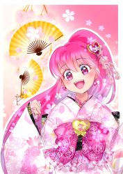 Rule 34 | 1girl, :d, blush, border, brooch, cure lovely, earrings, floating hair, floral print, hair between eyes, happinesscharge precure!, heart, heart brooch, heart earrings, highres, japanese clothes, jewelry, kimono, long hair, long sleeves, looking at viewer, manekineko5319, open mouth, outline, pink eyes, pink hair, precure, print kimono, signature, sleeves past wrists, smile, solo, upper body, very long hair, white border, white kimono, wide sleeves