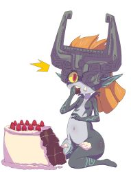 Rule 34 | 1girl, cake, eating, flat chest, food, fruit, helmet, highres, icing, long hair, looking at viewer, midna, navel, nintendo, orange hair, pattan, shiny skin, simple background, solo, strawberry, tears, the legend of zelda, the legend of zelda: twilight princess, white background