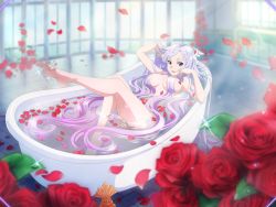 Rule 34 | 1girl, :d, absurdly long hair, bathing, bathtub, blue eyes, completely nude, flower, game cg, gradient hair, hair censor, hair over breasts, hand in own hair, indoors, long hair, looking at viewer, multicolored hair, nude, open mouth, petals, pink hair, purple eyes, quinella, red flower, red rose, rose, silver hair, smile, solo, sparkle, sunlight, sword art online, sword art online: alicization rising steel, very long hair