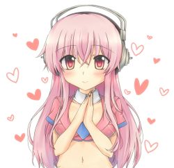 Rule 34 | 1girl, blush, breasts, cleavage, detached collar, female focus, headphones, heart, heart background, large breasts, long hair, looking at viewer, midriff, natsume kei, nitroplus, own hands together, pink eyes, pink hair, simple background, smile, solo, super sonico