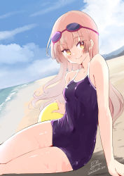 Rule 34 | 1girl, 2022, atelier (series), atelier lydie &amp; suelle, bad id, bad pixiv id, bare arms, beach, blue sky, blush, closed mouth, cloud, collarbone, dated, day, dutch angle, highres, long hair, looking at viewer, minidraco, one-piece swimsuit, outdoors, pink hair, purple one-piece swimsuit, school swimsuit, sitting, sky, smile, solo, straight hair, suelle marlen, summer, swimsuit, very long hair, yellow eyes