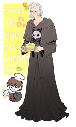Rule 34 | 2boys, 5altybitter5, :p, black robe, cake, cake slice, chibi, chibi inset, closed mouth, emet-selch, english text, final fantasy, final fantasy xiv, food, frown, fruit, grey hair, highres, holding, holding food, holding tray, lemon, lemon cake, lemon slice, long sleeves, male focus, mask, mask around neck, multiple boys, robe, solo focus, sophist&#039;s robe (ff14), thumbs up, tongue, tongue out, tray, warrior of light (ff14)