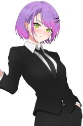 Rule 34 | &gt;:(, 1girl, belt, black belt, black necktie, black pants, black suit, blush, closed mouth, collared shirt, commentary request, cowboy shot, dot nose, earrings, embarrassed, formal, full-face blush, gradient hair, green eyes, hair behind ear, hair ornament, hairclip, hand in pocket, heart, heart earrings, highres, hololive, hoop earrings, jewelry, looking at viewer, multicolored hair, multiple earrings, necktie, nyar1d35, pants, purple hair, shirt, short hair, solo, split mouth, suit, tokoyami towa, two-tone hair, v-shaped eyebrows, virtual youtuber, white background, white undershirt