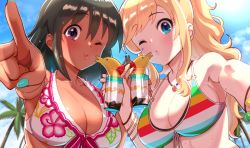 Rule 34 | 2girls, bare shoulders, bikini, black hair, blonde hair, blue eyes, blush, breasts, cleavage, cloud, collarbone, commentary request, dark-skinned female, dark skin, day, drink, foreshortening, from below, front-tie bikini top, front-tie top, green nails, holding, idolmaster, idolmaster cinderella girls, jewelry, large breasts, long hair, looking at viewer, multicolored clothes, multiple girls, nail polish, natalia (idolmaster), necklace, ohtsuki yui, one eye closed, outdoors, outstretched arm, pettan p, pointing, pointing at viewer, ponytail, puckered lips, purple eyes, reaching, reaching towards viewer, selfie, smile, striped bikini, striped clothes, swimsuit, upper body