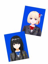Rule 34 | 2girls, black hair, black jacket, blazer, blonde hair, blue bow, blue bowtie, bob cut, bow, bowtie, clenched teeth, closed mouth, collared shirt, commentary, doodle943545, dress shirt, grin, hair ribbon, hashtag-only commentary, highres, inoue takina, jacket, long hair, looking at viewer, lycoris recoil, multiple girls, nishikigi chisato, one side up, portrait, purple eyes, red bow, red bowtie, red eyes, red ribbon, ribbon, school uniform, shirt, short hair, sidelocks, smile, teeth, white shirt