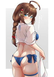 Rule 34 | 1girl, ahoge, arthur ko, ass, bikini, blue bikini, blue eyes, braid, breasts, brown hair, butt crack, cropped shirt, dress shirt, from behind, hair flaps, hair ornament, halterneck, highres, kantai collection, looking at viewer, looking back, medium breasts, open clothes, open shirt, paid reward available, shigure (kancolle), shigure kai san (kancolle), shirt, side-tie bikini bottom, simple background, single braid, solo, string bikini, swimsuit, translation request, y shaped butt crack