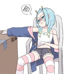 Rule 34 | 1girl, bangs pinned back, box, camisole, cardboard box, commentary, highres, holding computer mouse, jelly hoshiumi, jelly hoshiumi (2nd costume), lyrinne, navel, phase connect, solo, spoken squiggle, squiggle, strap slip, tagme, virtual youtuber, white camisole