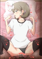 Rule 34 | 1boy, 1girl, arms up, bar censor, bed sheet, black thighhighs, blue eyes, blush, censored, clothed sex, clothing aside, commentary request, gym shirt, gym shorts, half-closed eyes, head on pillow, head tilt, heart, hetero, highres, leg grab, light brown hair, looking at viewer, love live!, love live! superstar!!, lying, missionary, moaning, motion lines, on back, on bed, open mouth, outside border, penis, pov, sex, shirt, short hair, shorts, sound effects, sweat, tang keke, thighhighs, tomatoman01 c, translated, turning head, veins, veiny penis