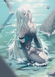 Rule 34 | 1girl, absurdres, android, armlet, bare shoulders, black gloves, black shorts, black tank top, black thighhighs, blue eyes, breasts, elbow gloves, gloves, highres, joints, kaino osushi85, long hair, nier (series), partially submerged, robot joints, shorts, solo, tank top, thighhighs, very long hair, white hair, a2 (nier:automata)