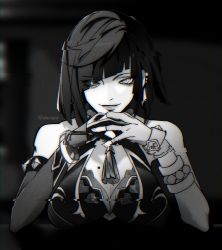 Rule 34 | 1girl, alt text, bare shoulders, black hair, breasts, deciqm, earrings, elbow gloves, eyebrows hidden by hair, fingerless gloves, genshin impact, gloves, greyscale, highres, holding hands, jewelry, looking at viewer, monochrome, off shoulder, open mouth, short hair, smile, solo, upper body, yelan (genshin impact)