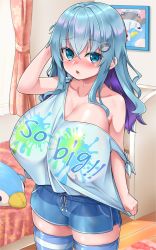 Rule 34 | 1girl, bed, bedroom, blue eyes, blue hair, blue shorts, blush, breasts, chiroshiron, collarbone, curtains, english text, female focus, hair ornament, hairpin, hand on own head, highres, huge breasts, indoors, long hair, looking at viewer, multicolored hair, open mouth, oppai loli, original, purple hair, shirt overhang, shirt slip, shorts, solo, striped clothes, striped thighhighs, stuffed animal, stuffed toy, thighhighs, window