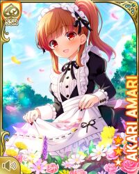 Rule 34 | 1girl, amari akari, apron, black bow, black dress, black footwear, bow, card (medium), day, dress, field, flower, flower field, forest, frilled dress, frills, garden, girlfriend (kari), kneeling, maid apron, maid headdress, multicolored hair, nail polish, nature, official art, patterned legwear, qp:flapper, red eyes, shoes, side ponytail, smile, solo, streaked hair, striped clothes, striped thighhighs, thighhighs, white apron, white bow, white headwear, zettai ryouiki