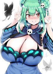 Rule 34 | 1girl, alternate breast size, armpit peek, astraea (atelierastraea), bare shoulders, black bra, blue dress, blush, bra, breast expansion, breasts, bug, butterfly, cleavage, detached sleeves, double bun, double v, dress, flower, frills, green hair, hair between eyes, hair bun, hair flower, hair ornament, highres, hololive, huge breasts, insect, looking at viewer, nose blush, red eyes, short hair, sidelocks, simple background, skull hair ornament, smile, solo, sweatdrop, underwear, uruha rushia, uruha rushia (1st costume), v, virtual youtuber, white background