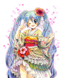 Rule 34 | 1girl, blue hair, colored pencil (medium), hatsune miku, japanese clothes, kimono, long hair, mojacookie, open mouth, solo, traditional media, twintails, v, very long hair, vocaloid, wink