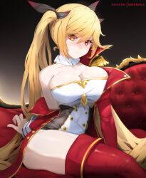 Rule 34 | 1girl, azur lane, bare shoulders, black dress, black ribbon, blonde hair, blush, boots, breasts, cleavage, closed mouth, coat, covered navel, dress, epaulettes, hair between eyes, hair ribbon, highres, large breasts, long hair, looking at viewer, nelson (azur lane), off shoulder, open clothes, open coat, patreon username, red coat, red eyes, red footwear, ribbon, sitting, solo, sonaworld, thigh boots, twintails, two-tone dress, white dress