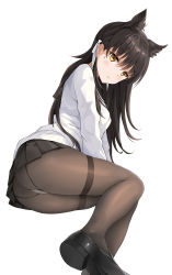 Rule 34 | 1girl, absurdres, animal ear fluff, animal ears, ass, atago (azur lane), azur lane, bad id, bad pixiv id, black footwear, black hair, black pantyhose, black sailor collar, black skirt, blush, breasts, closed mouth, commentary, expressionless, from side, hair ribbon, highres, loafers, long hair, long sleeves, looking at viewer, lying, medium breasts, miniskirt, mole, mole under eye, on side, panties, panties over pantyhose, pantyhose, pleated skirt, qianqiu wanxia, ribbon, sailor collar, shirt, shoes, simple background, skirt, solo, thighband pantyhose, underwear, white background, white ribbon, white shirt, yellow eyes