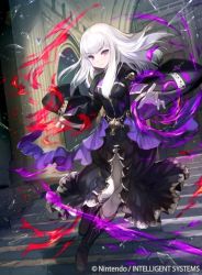 Rule 34 | 1girl, artist request, black robe, breasts, copyright name, fire emblem, fire emblem: three houses, fire emblem cipher, looking at viewer, lysithea von ordelia, magic, nintendo, official art, outstretched arm, pale skin, purple eyes, robe, small breasts, solo, stairs, tagme, white hair