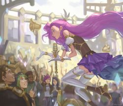 Rule 34 | 6+girls, absurdres, arm up, artist name, blitzcrank, blurry, blurry background, brown footwear, brown shirt, caitlyn (league of legends), crowd, dark-skinned female, dark skin, earrings, floating, from side, gloves, goggles, grin, hair ornament, heart, highres, jewelry, kherl, layered skirt, league of legends, long hair, microphone, multiple girls, pink hair, pink skirt, robot, seraphine (league of legends), shirt, shoes, skirt, smile, teeth, thighhighs, vi (league of legends), white gloves, white legwear