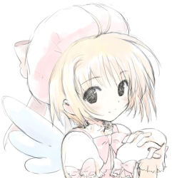 Rule 34 | 1990s (style), 1girl, bow, brown hair, cardcaptor sakura, child, glove bow, gloves, hat, hiide, kinomoto sakura, own hands clasped, own hands together, retro artstyle, ribbon, short hair, solo, white gloves, wings