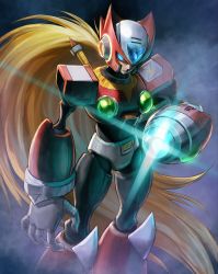Rule 34 | 1boy, android, arm at side, arm cannon, armor, black bodysuit, blonde hair, blue eyes, bodysuit, capcom, closed mouth, commentary, commentary request, english commentary, frown, glowing, helmet, highres, hoshi mikan, long hair, looking at viewer, male focus, mega man (series), mega man x (series), mixed-language commentary, red headwear, robot ears, serious, shoulder armor, solo, sword, sword behind back, teppen, very long hair, weapon, weapon on back, zero (mega man)